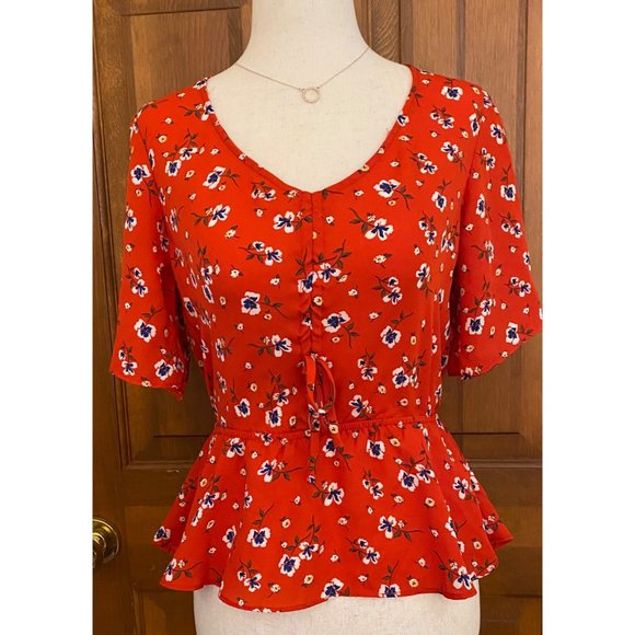 Socialite Peplum Top Women‎ XS Red Floral Elastic Waist Date Night Fall Festival - Picture 6 of 16